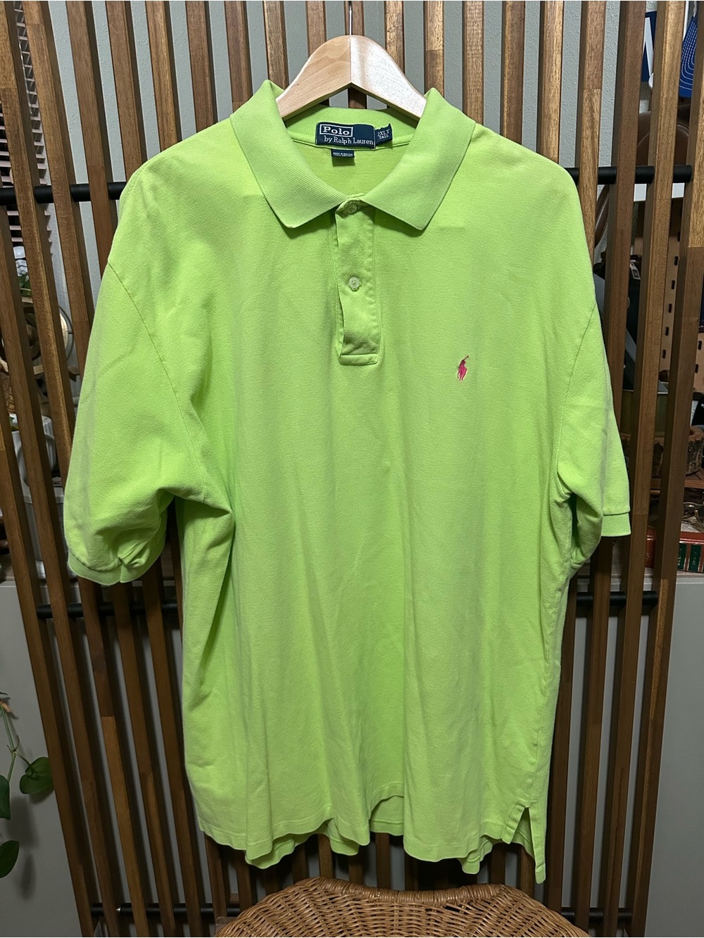 VTG Polo Ralph Lauren Neon Lime Green Pique Polo Shirt Pink Pony 2XLT